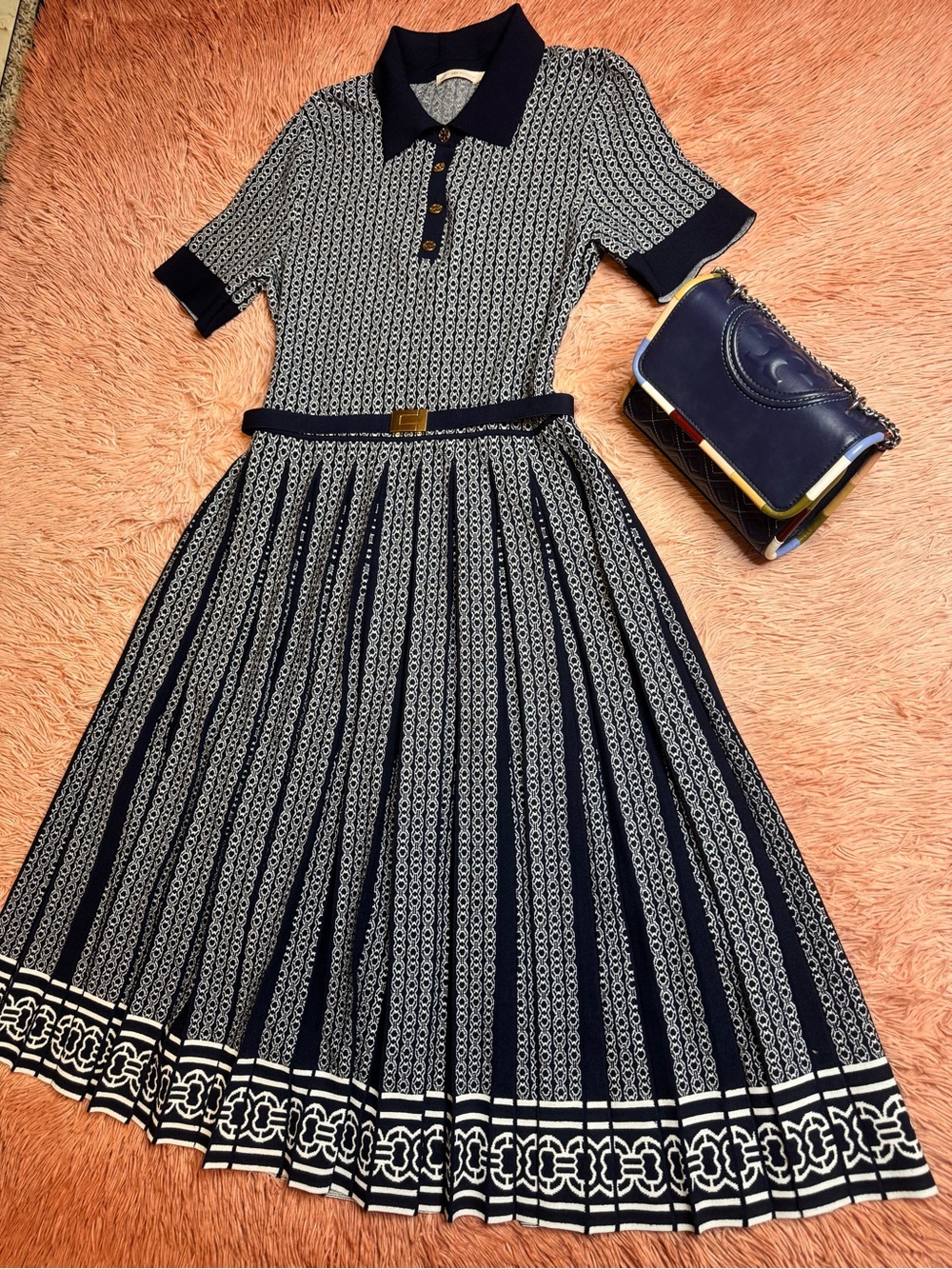 NWOT Tory Burch Gemini Link Jacquard Dress In Classic Ivory Tory Navy. Size L